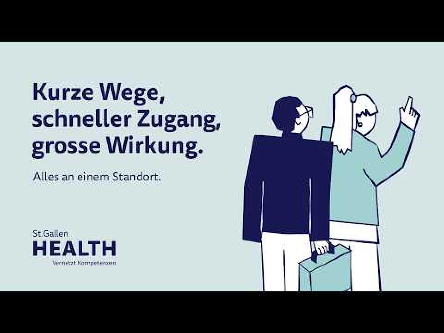 Illustration von zwei Personen, von denen eine nach oben zeigt und die andere einen Koffer hält, mit dem deutschen Text: „Kurze Wege, schneller Zugang, große Wirkung. Alles an einem Standort.“ und „St. Gallen HEALTH – Vernetzte Kompetenzen.“.