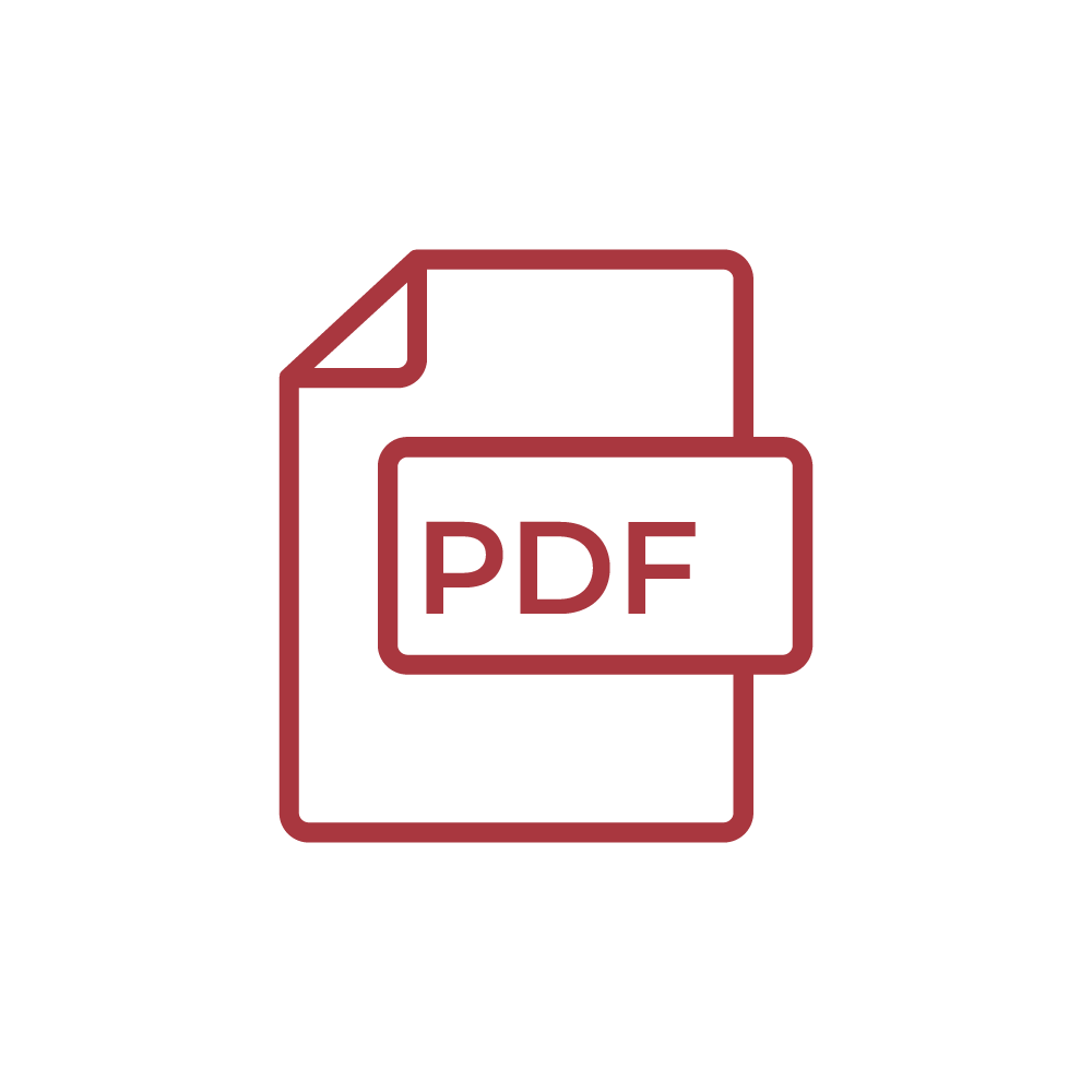 Roter Umriss eines Dokumentensymbols mit einer gefalteten Ecke, mit dem Text PDF in fetten Buchstaben auf der Vorderseite, auf einem hellgrauen Hintergrund.